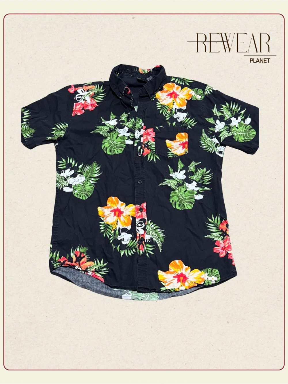 Vintage Disney Mickey Mouse Hawaiian Button-Up Shirt Men’s Medium Black Floral T